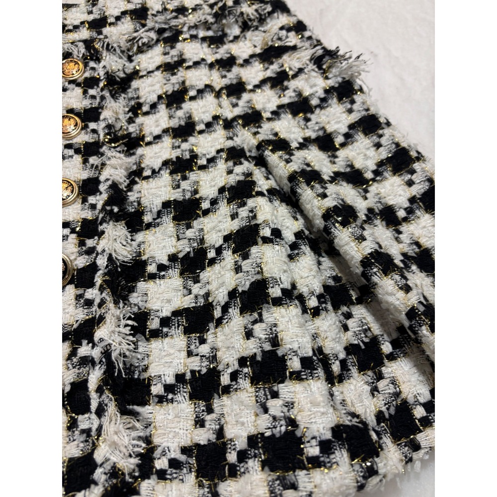 A Loves A Houndstooth Tweed Mini Skirt Black White Gold Metallic Crest Button L - Picture 3 of 11